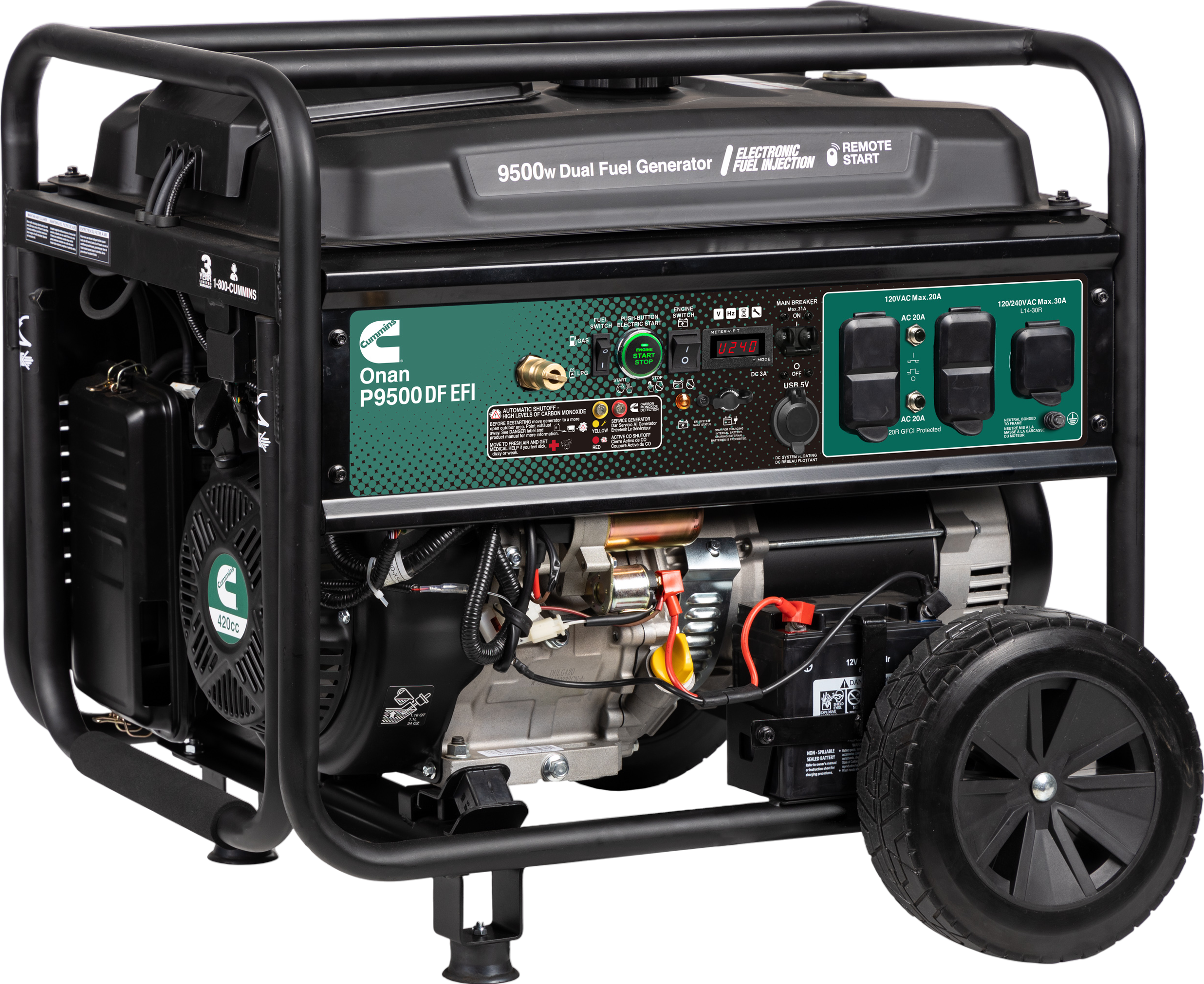 Cummins Onan P9500df EFI dual-fuel portable generator front view