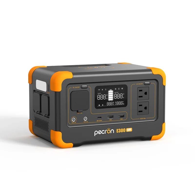 The image showcases the Pecron portable power station, model E300LFP, which stands out with its sturdy black and orange design. It features a 600W AC pure sine wave inverter and comes with an LED display indicating battery status. With multiple charging ports for ultra-fast charging, it includes AC outlets and USB ports.