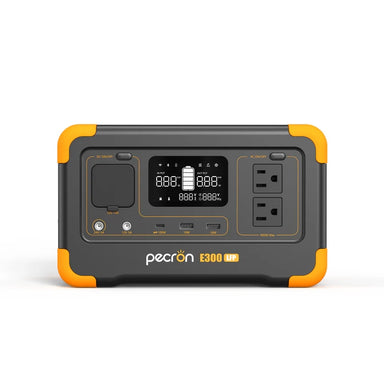 The Pecron E300LFP portable power station features eye-catching orange and black accents and incorporates a 600W AC pure sine wave inverter. It offers super fast charging, a digital display, multiple ports, and two "AC Output" outlets, with the brand name prominently displayed on the front.