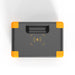 A black rectangular Pecron E300LFP box, featuring orange corners and a top handle, is adorned with a yellow symbol that looks like a power icon surrounded by curved lines, emphasizing its super-fast charging capability with a LiFePo4 battery. The product is displayed against a white background.