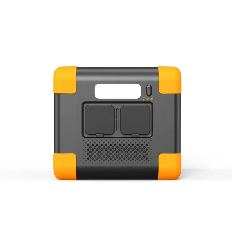 The Pecron E300LFP is a compact, rectangular portable power station with a sleek black and orange design. It comes with a LiFePo4 battery that ensures super fast charging. Its practical design features include a carrying handle, two covered outlets, a power button, and ventilation grilles for efficient cooling.