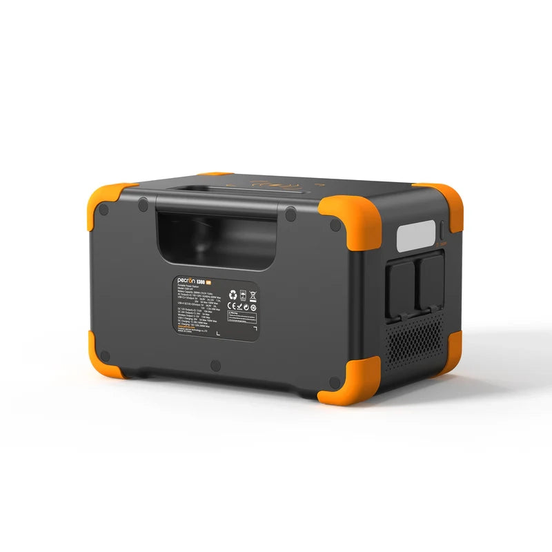 The Pecron E300LFP is a portable power station boasting a sleek design with a black body and orange accents. It features a LiFePo4 battery that allows for super fast charging. Its modern and compact construction includes a top handle, multiple front-facing ports, and prominently displayed compliance labels.