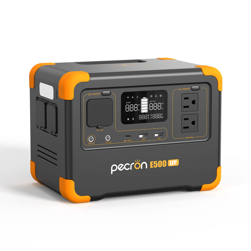 The Pecron E500LFP portable power station features a LiFePo4 battery, digital display screens, control buttons, AC outlets, USB ports, and striking orange corner accents on an elegant dark gray body. With a 600W AC Pure Sine Wave Inverter, it provides dependable power wherever you need it.