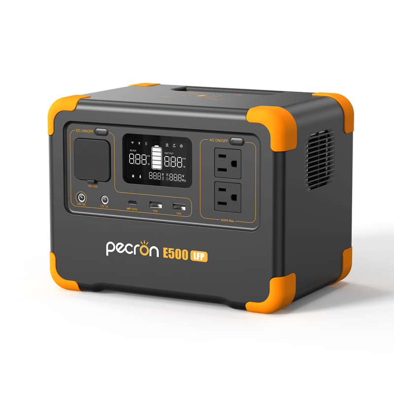 The Pecron E500LFP portable power station comes with orange accents and includes an LED display, various charging ports, two AC outlets, and a powerful 600W AC Pure Sine Wave Inverter. Its dependable LiFePo4 battery ensures efficient charging for your electronic devices while on the move.