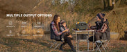 A family of three relaxes outside on folding chairs at a Pecron table under a tree, enjoying the convenience of their Pecron portable power station. With its 600W AC Pure Sine Wave Inverter and LiFePo4 Battery, the power station provides multiple output options for super fast charging.