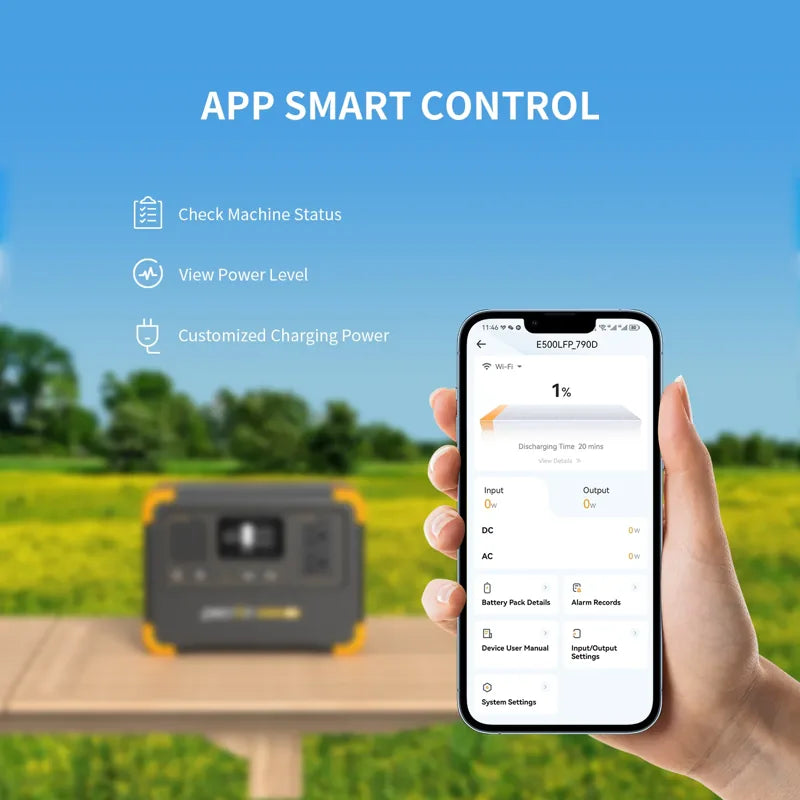 A hand holds a smartphone showcasing an app interface with power management features. In the background, a Pecron E500LFP portable power station rests on a wooden surface nestled in a grassy area under a clear blue sky. The device prominently displays icons indicating its LiFePo4 battery technology and 600W AC pure sine wave inverter for status and power level.