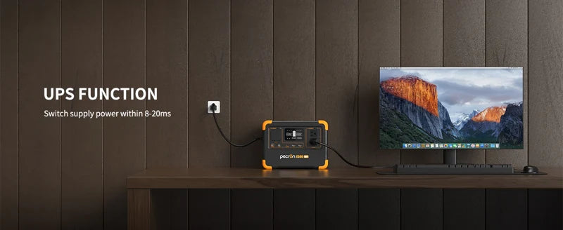 The desk setup showcases a Pecron computer monitor, keyboard, and a power unit with cables. The wall behind is brown, and the power unit connects to a wall outlet featuring 600W AC Pure Sine Wave Inverter capability. Text on the left reads, "Pecron UPS Function: Switches supply power within 8-20ms.