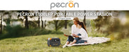 A woman and child enjoy the outdoors on a blanket, utilizing a laptop powered by the lightning-fast Pecron E500LFP portable power station, strategically set on the grass. Above them, the text highlights: "Pecron E500LFP Portable Power Station, 576Wh 600W.