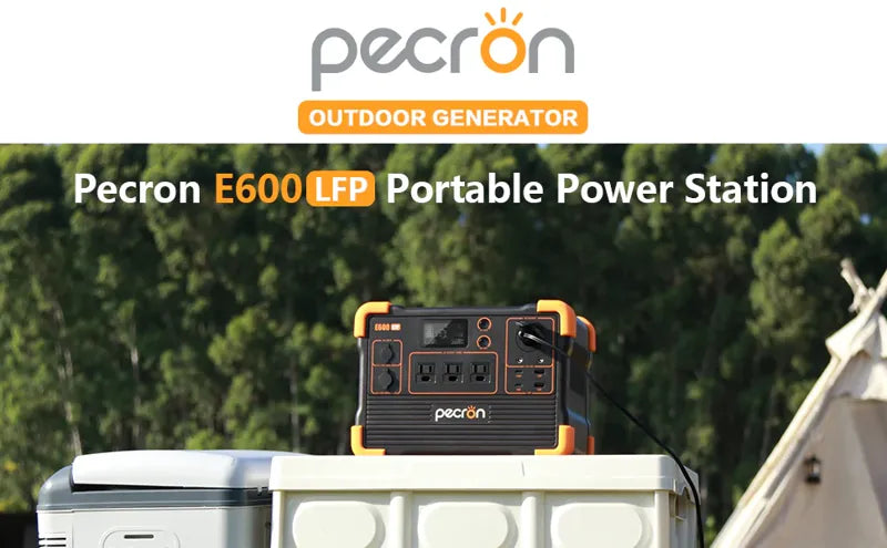 The image showcases a Pecron portable power station, highlighting its fast charging capabilities and multiple outlets. It is set on an outdoor surface, with the Pecron logo prominently displayed against a backdrop of lush greenery and a section of a tent.