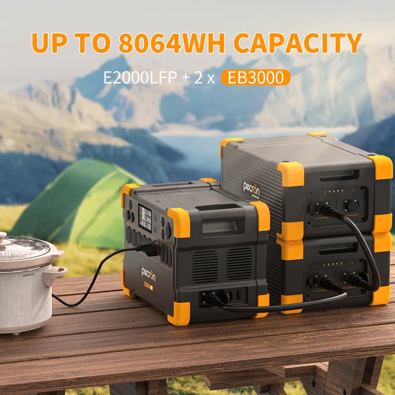 Pecron's portable power stations, the E2000LFP and EB3000 models, are displayed on a picturesque outdoor setting with lush green hills and a tent. Equipped with LiFePO4 battery technology, they provide solar charging capabilities and are shown powering a small cooking pot. Text highlights their capacity of up to 8064Wh.