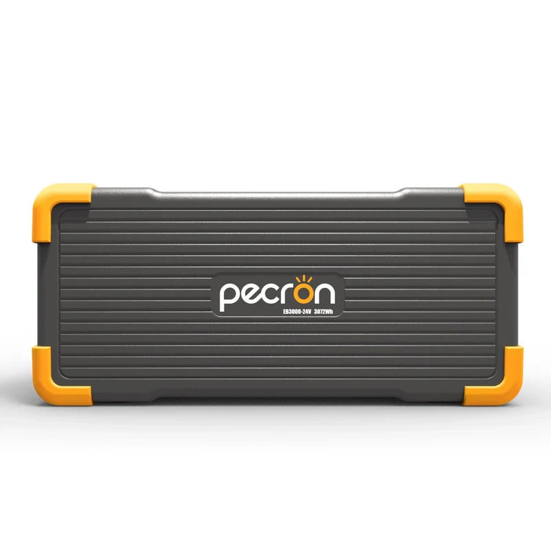 The Pecron power station, with its rectangular shape and ribbed gray exterior accented by orange corners, provides portable power on the go. It features solar charging capabilities and prominently displays the Pecron logo in the center, delivering reliability and convenience whenever needed.