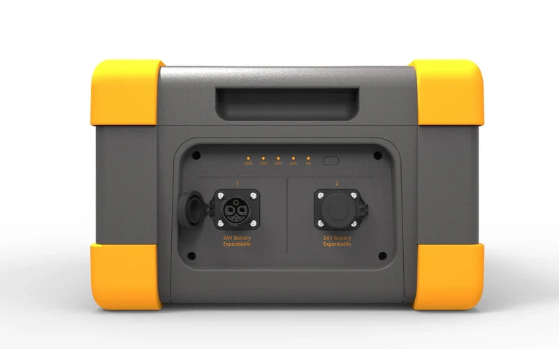 The Pecron battery pack, featuring LiFePO4 technology, boasts a sleek gray and yellow design with black and yellow protective padding on the corners. It offers two connection ports labeled "24V Battery Expandable" and includes indicator lights above them, making it ideal for portable power solutions.