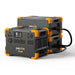 Stacked portable power stations with yellow accents and the Pecron branding highlight their solar charging capabilities. The front unit features power options, buttons, and screens, while thick cables connect the units to indicate energy transfer or charging functionality using advanced LiFePO4 batteries.