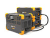 A collection of Pecron black and orange portable power stations highlights a 3072Wh LiFePO4 battery, interconnected by cables. The front unit, perfect for a sustainable lifestyle, boasts multiple outlets and a digital screen display.