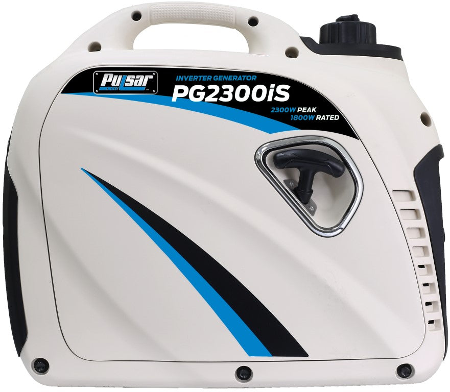 The Pulsar PG2300iS is a white inverter generator with black and blue accents, a top handle, and a front panel showing "2300W Peak" and "1800W Rated," providing quiet, portable power wherever you need it.
