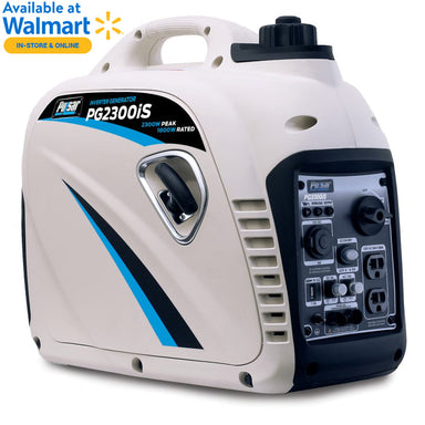 A white Pulsar inverter generator (PG2300iS) with control panel and outlets is shown. This quiet, portable generator suits any setting. "Available at Walmart In-Store & Online" appears in the top left corner.