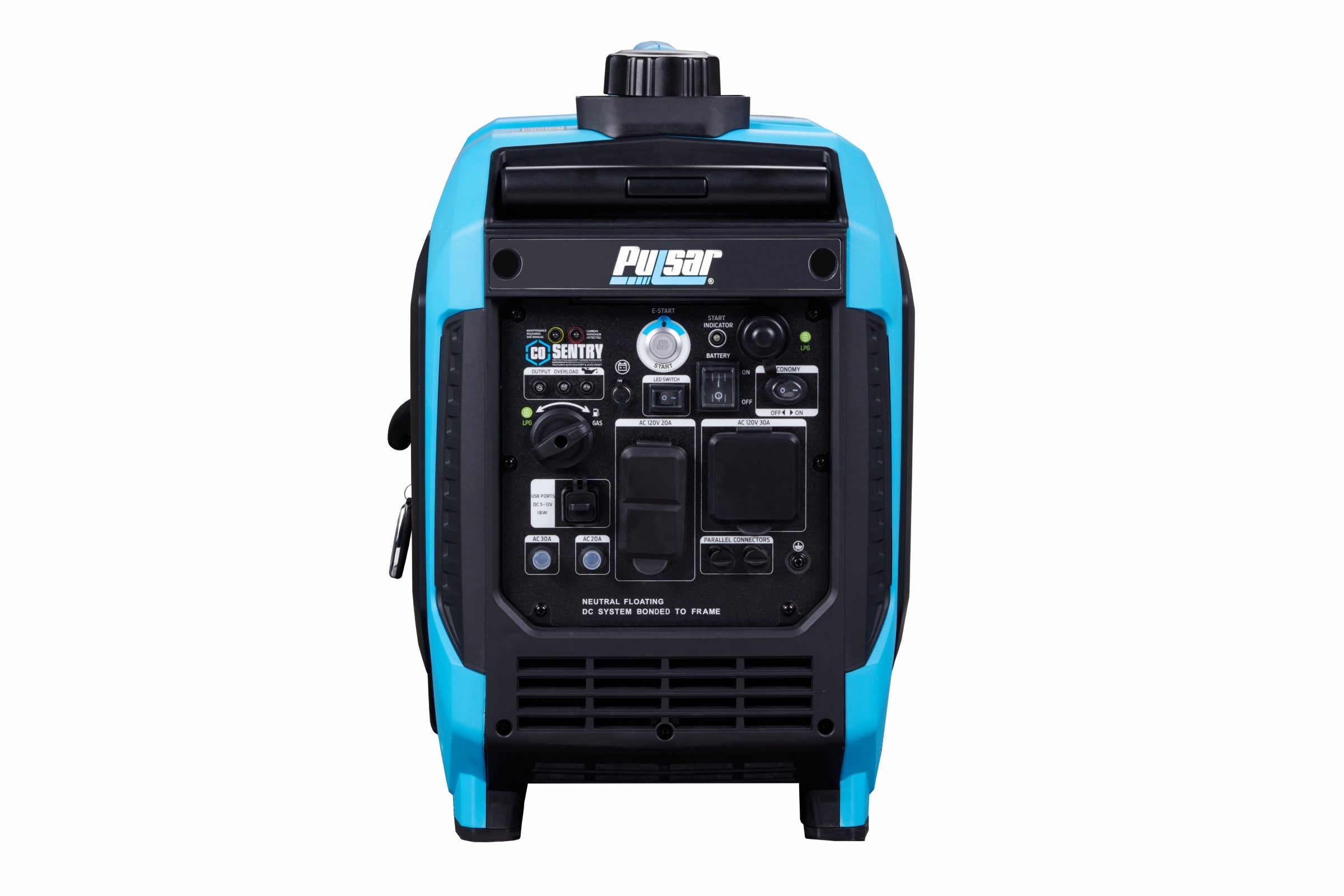 Front view of a blue Pulsar dual fuel inverter generator, highlighting its control panel with switches, outlets, and indicator lights—perfect for dependable backup power.