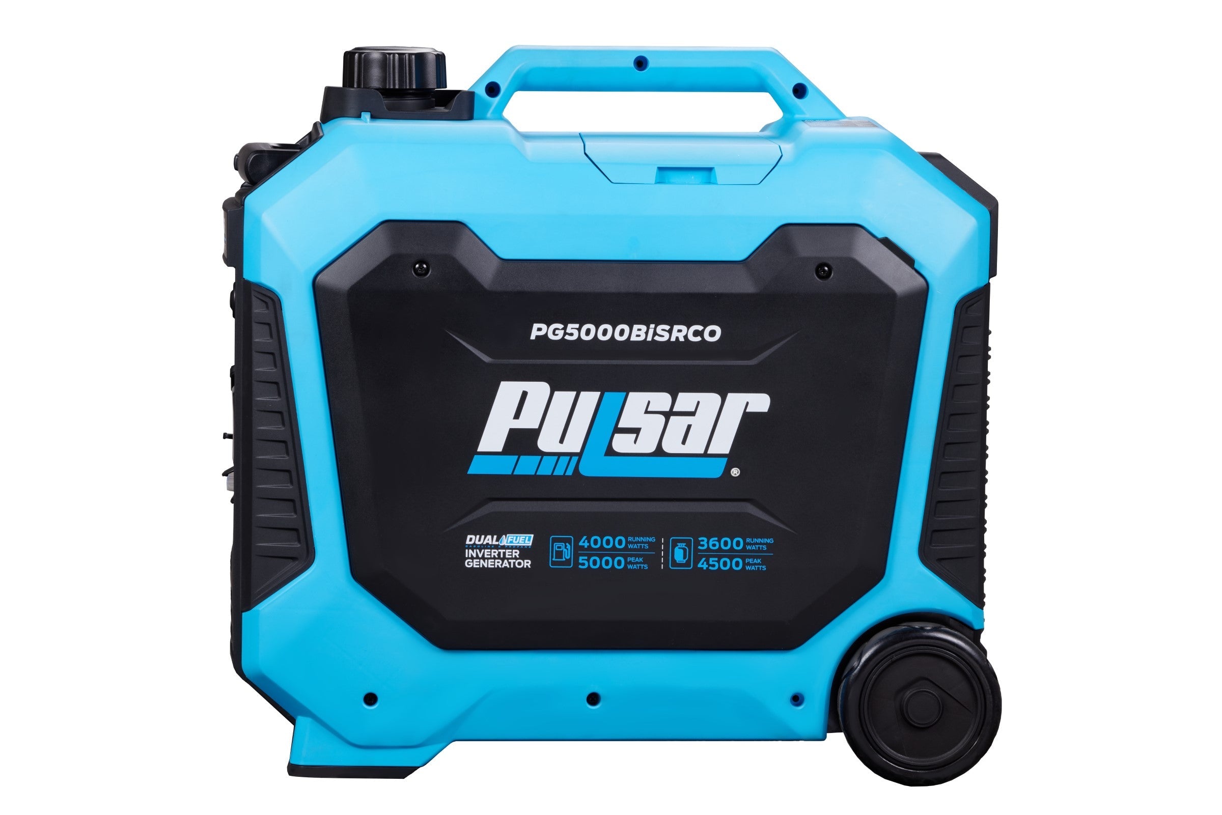 The Pulsar PG5000BiSRCO is a blue and black dual fuel inverter generator with handle and wheels, offering 4000 running watts and 4500 peak watts—perfect for reliable backup power on the go.