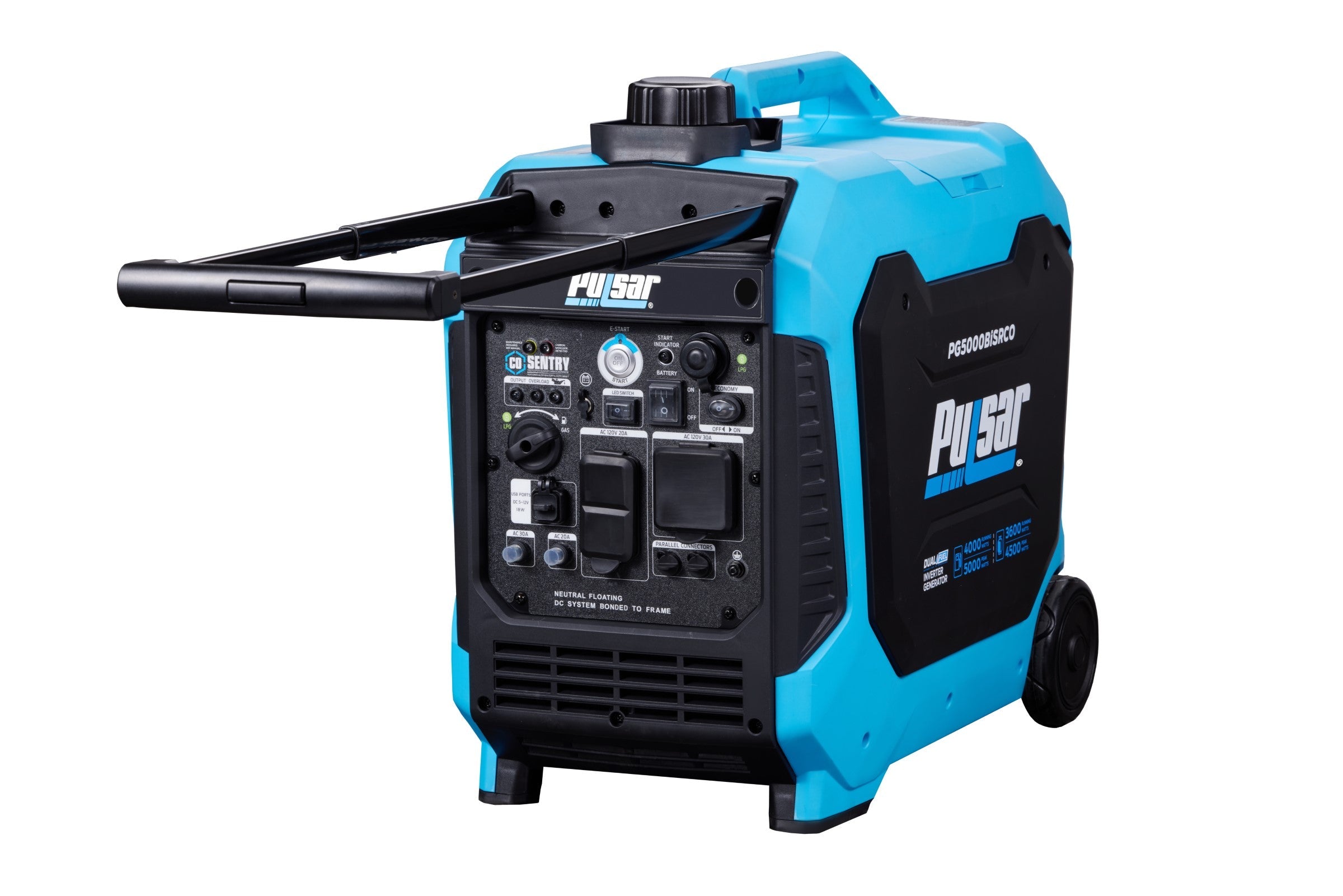 A blue and black Pulsar portable dual fuel inverter generator with handle, control panel, and wheels for easy transport—ideal for reliable backup power—shown on a white background.