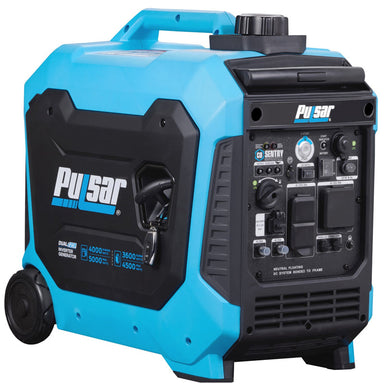 A Pulsar dual fuel inverter generator in blue and black, featuring wheels, a handle, control panel, and labeled specs—ideal for dependable backup power when needed.