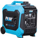 A Pulsar dual fuel inverter generator in blue and black, featuring wheels, a handle, control panel, and labeled specs—ideal for dependable backup power when needed.