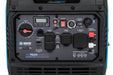Close-up of the Pulsar dual fuel inverter generator’s control panel, showing labeled AC/DC controls, battery start, economy mode, voltage settings, and covered sockets—perfect for dependable backup power.