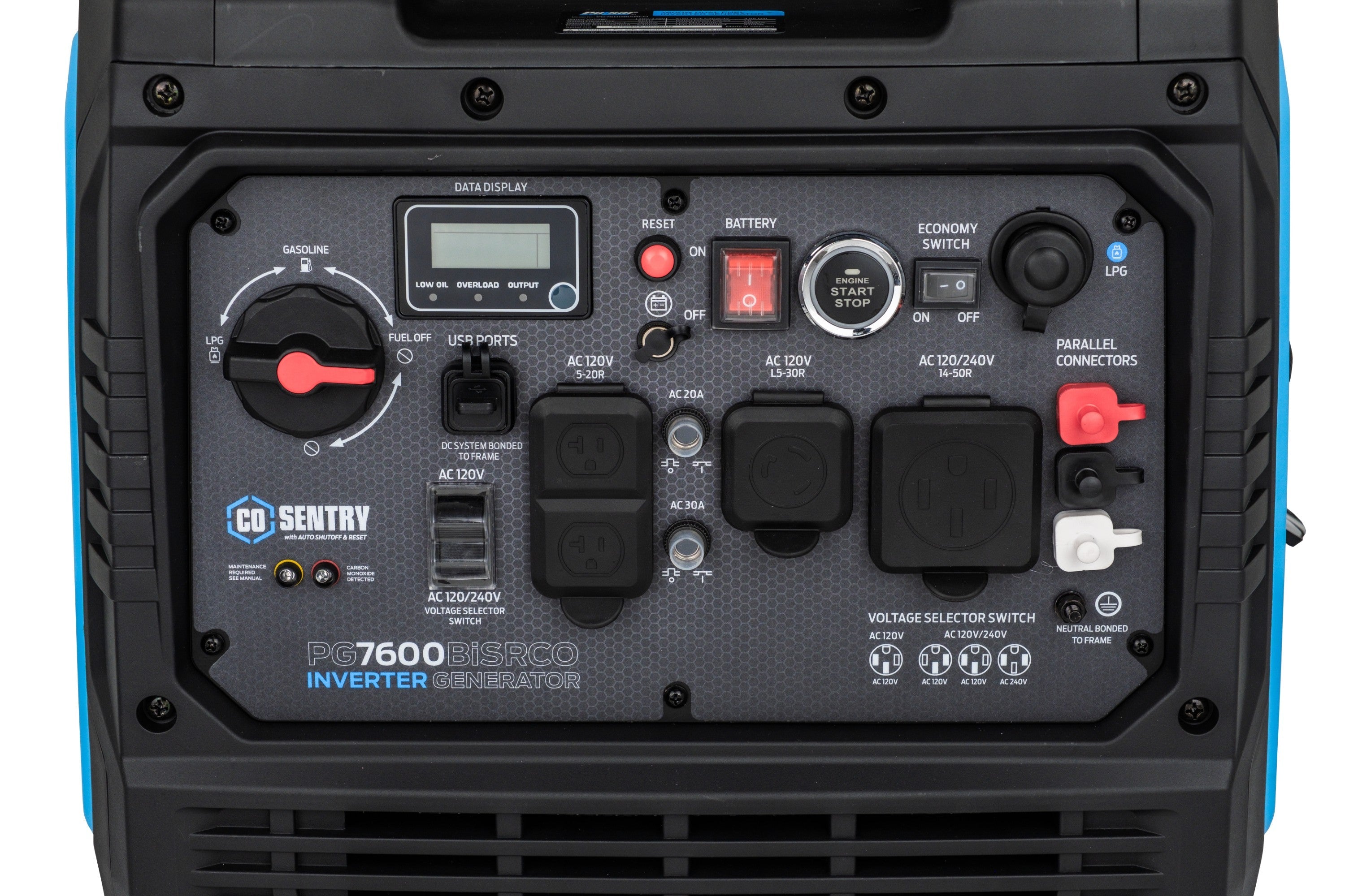 Close-up of the Pulsar dual fuel inverter generator’s control panel, showing labeled AC/DC controls, battery start, economy mode, voltage settings, and covered sockets—perfect for dependable backup power.