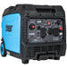 A blue and black Pulsar dual fuel inverter generator featuring multiple control switches, outlets, a display screen, and a carrying handle. The "Pulsar" logo appears on the side panel—ideal for dependable backup power.
