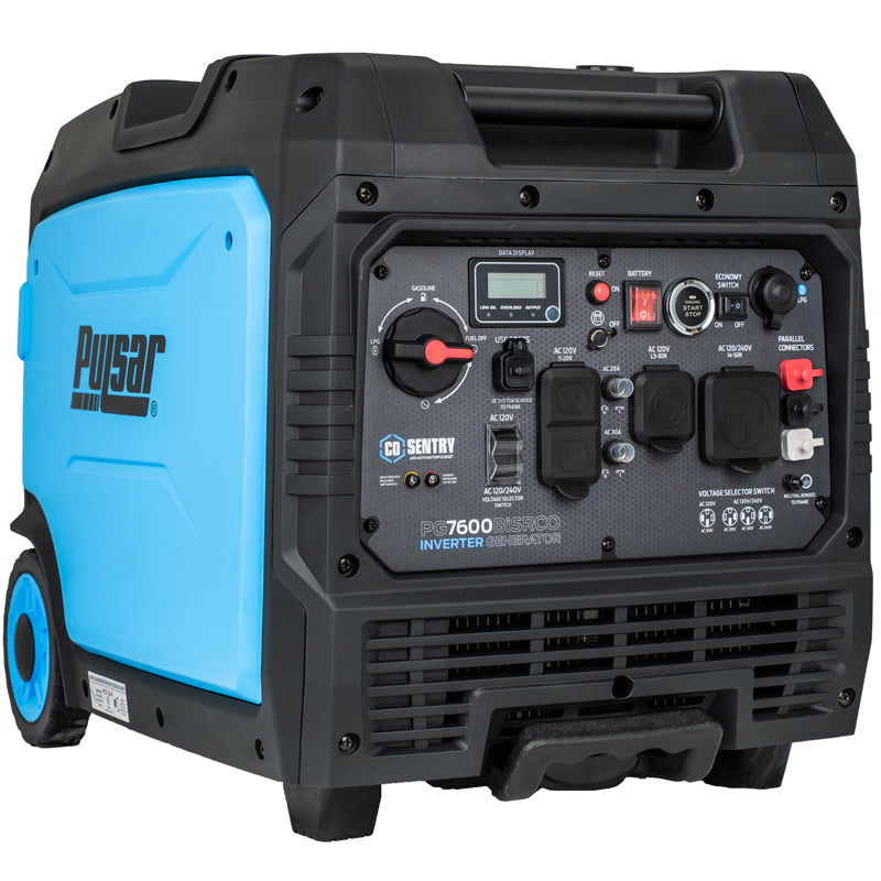 A blue and black Pulsar dual fuel inverter generator featuring multiple control switches, outlets, a display screen, and a carrying handle. The "Pulsar" logo appears on the side panel—ideal for dependable backup power.