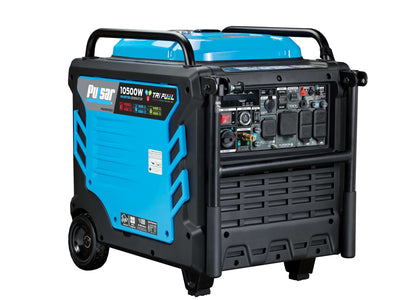 A sleek blue and black Pulsar Tri-Fuel Inverter Generator with control knobs and CO detection switches on the front panel. It has wheels and handles for easy mobility, with the brand name and 10 kW power rating prominently displayed on the side.