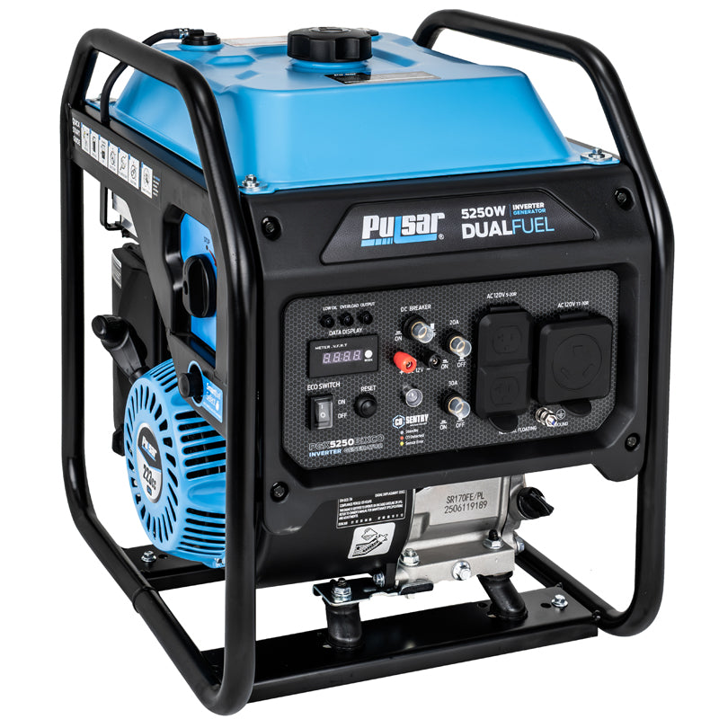 A Pulsar 5250W dual fuel inverter generator in blue and black, featuring a control panel and outlets with visible fuel options and a sturdy metal frame—perfect for backup power.