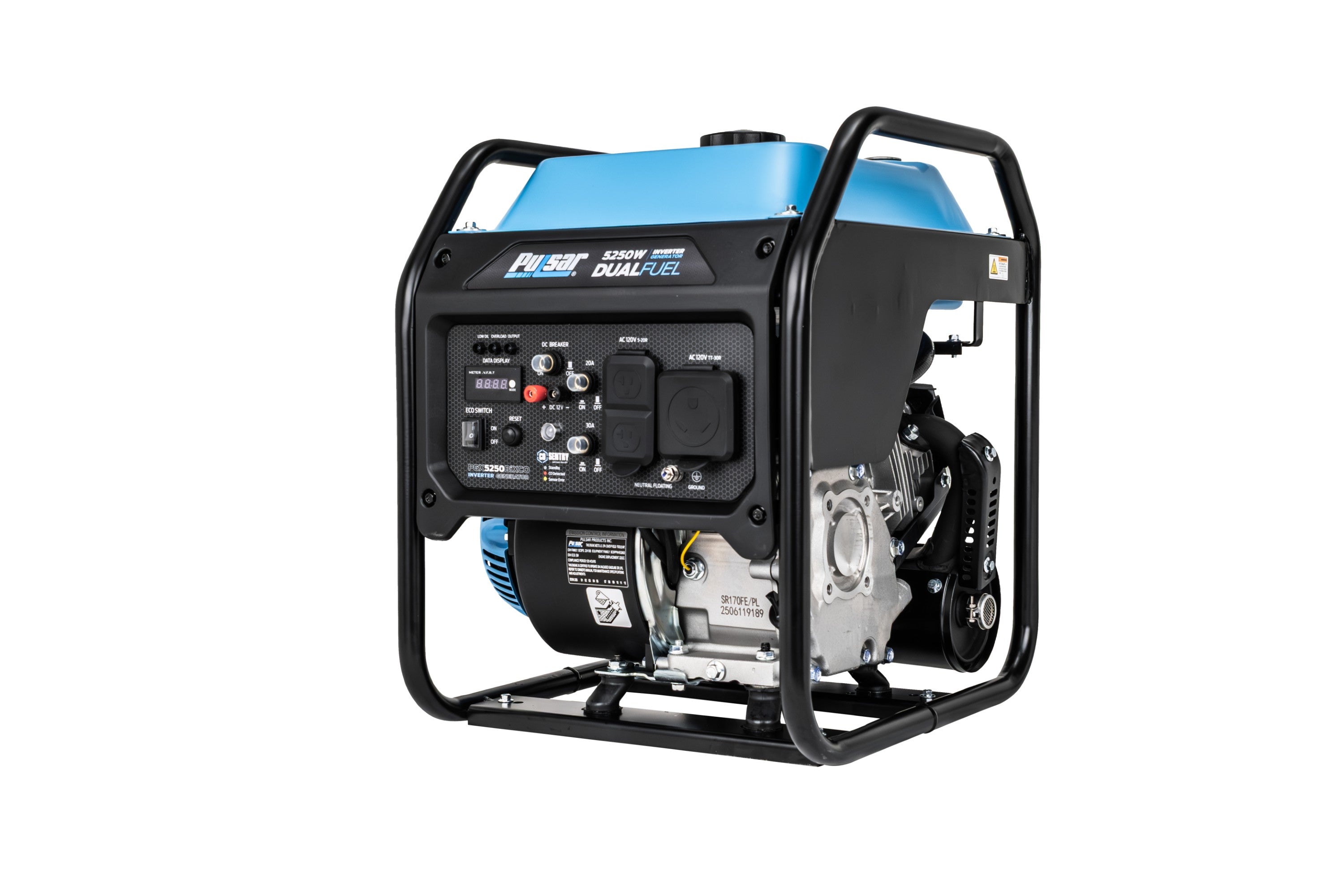 The Pulsar portable dual fuel inverter generator features a black and blue metal frame, control panel with outlets and switches, CO protection, and an exposed engine—ideal for backup power—shown on a plain white background.