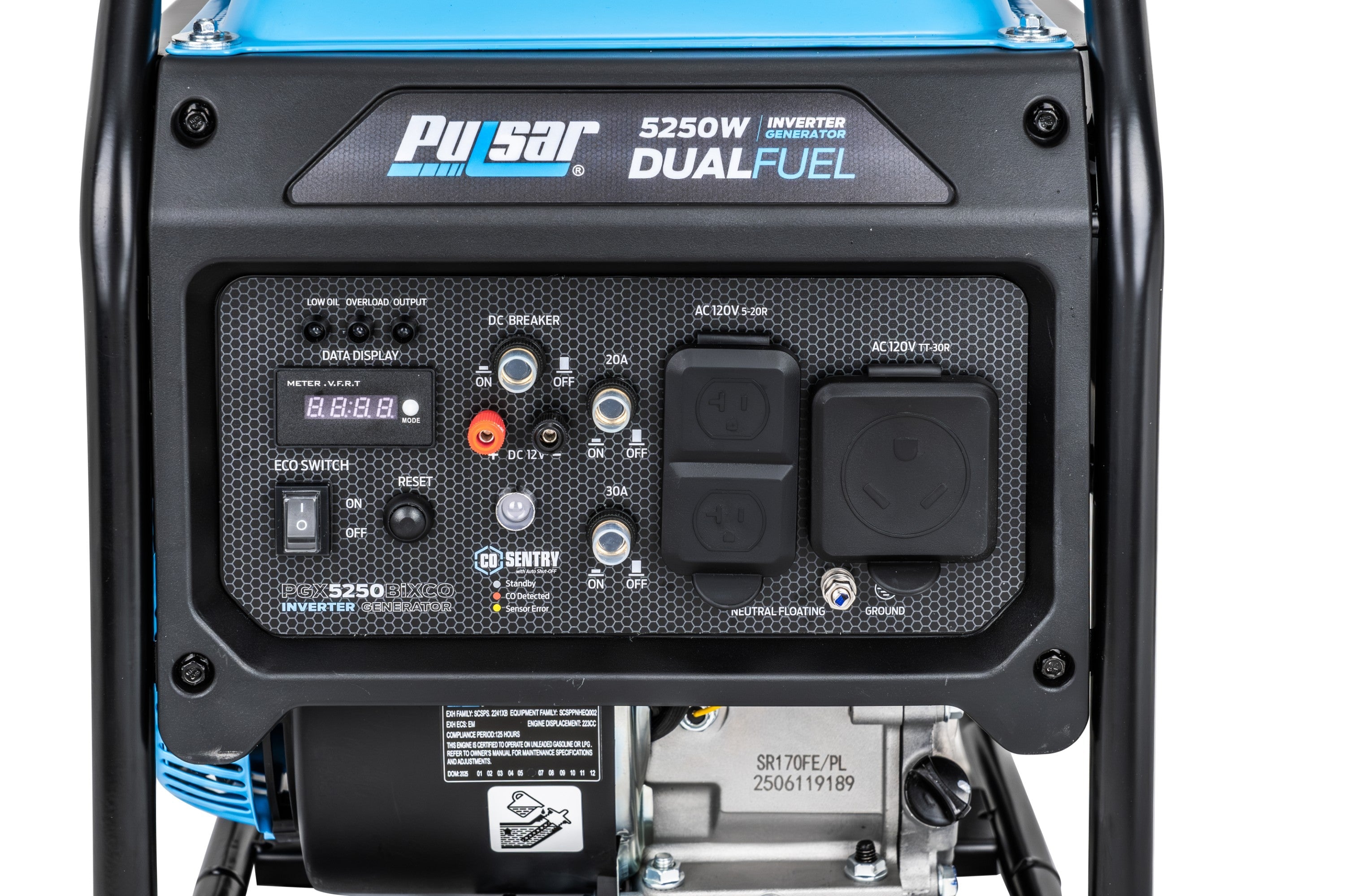 Close-up of the control panel on a Pulsar dual fuel inverter generator, featuring labeled buttons, switches, outlets, and a digital display—an efficient backup power solution with part of the engine visible below.