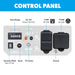Labeled diagram of a Pulsar Dual Fuel Inverter Generator electronic control panel showing ports, buttons, data display, DC 12V output, AC120V outlets, reset, economy mode, CO Sentry for carbon monoxide protection, and ground.