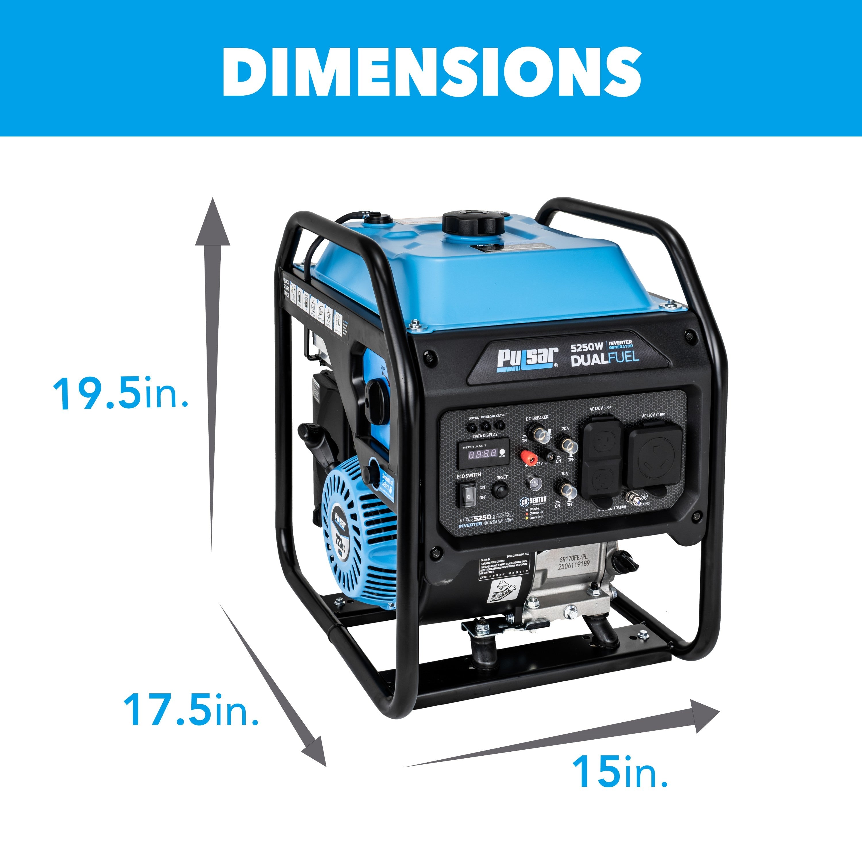 A Pulsar blue and black dual fuel inverter generator with a labeled control panel is shown. Arrows show its dimensions: 19.5" tall, 17.5" long, and 15" wide. "DIMENSIONS" appears at the top of the image.