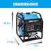 A Pulsar blue and black dual fuel inverter generator with a labeled control panel is shown. Arrows show its dimensions: 19.5" tall, 17.5" long, and 15" wide. "DIMENSIONS" appears at the top of the image.