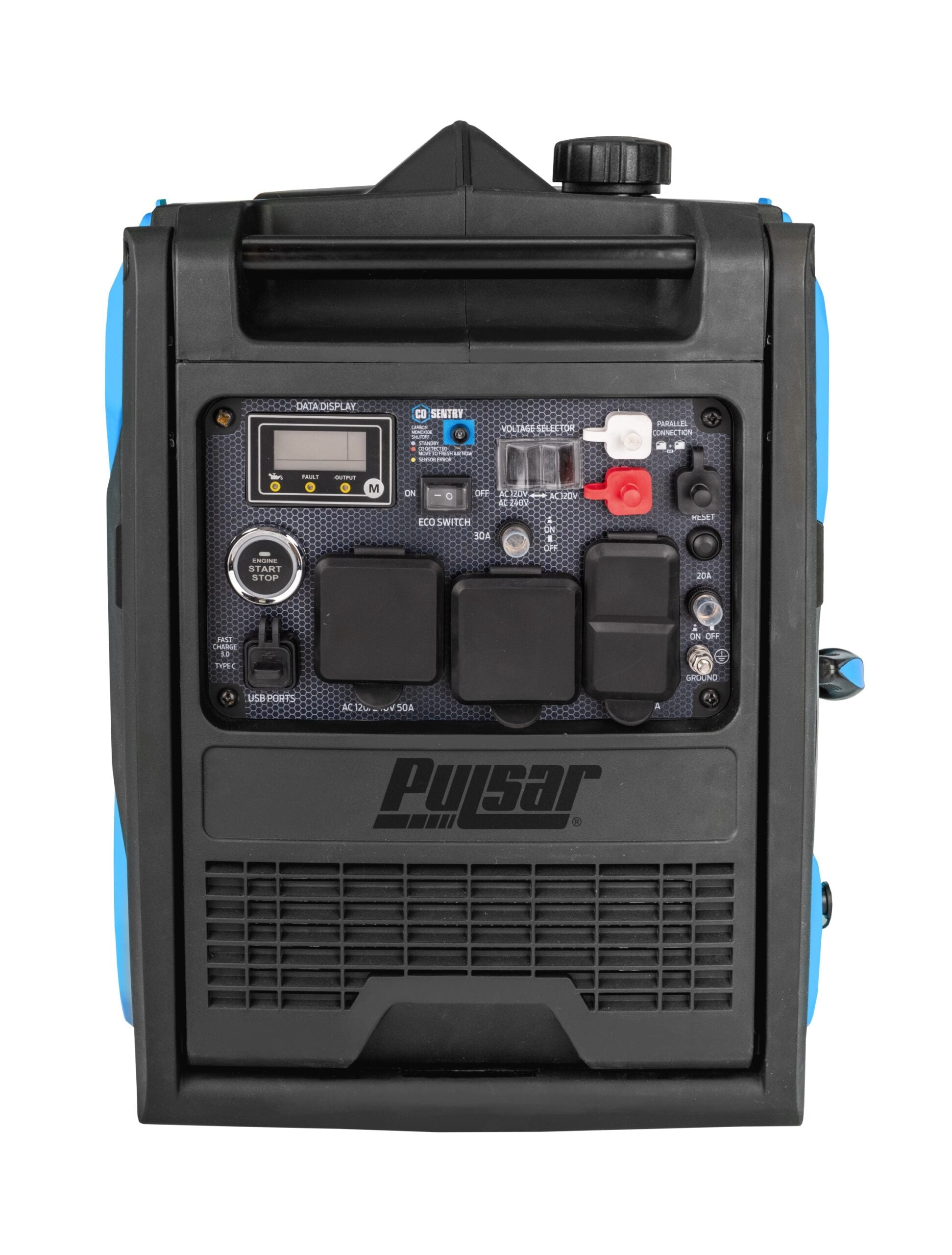 Front view of a Pulsar portable dual fuel inverter generator showing its control panel with outlets, switches, digital display, and ports. The black unit has blue side accents, a top carrying handle, and provides reliable backup power.