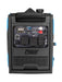 Front view of a Pulsar portable dual fuel inverter generator showing its control panel with outlets, switches, digital display, and ports. The black unit has blue side accents, a top carrying handle, and provides reliable backup power.