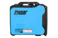 A blue rectangular Pulsar dual fuel inverter generator with a black handle and accents is shown from the side, displaying branding and safety labels—ideal for reliable backup power.