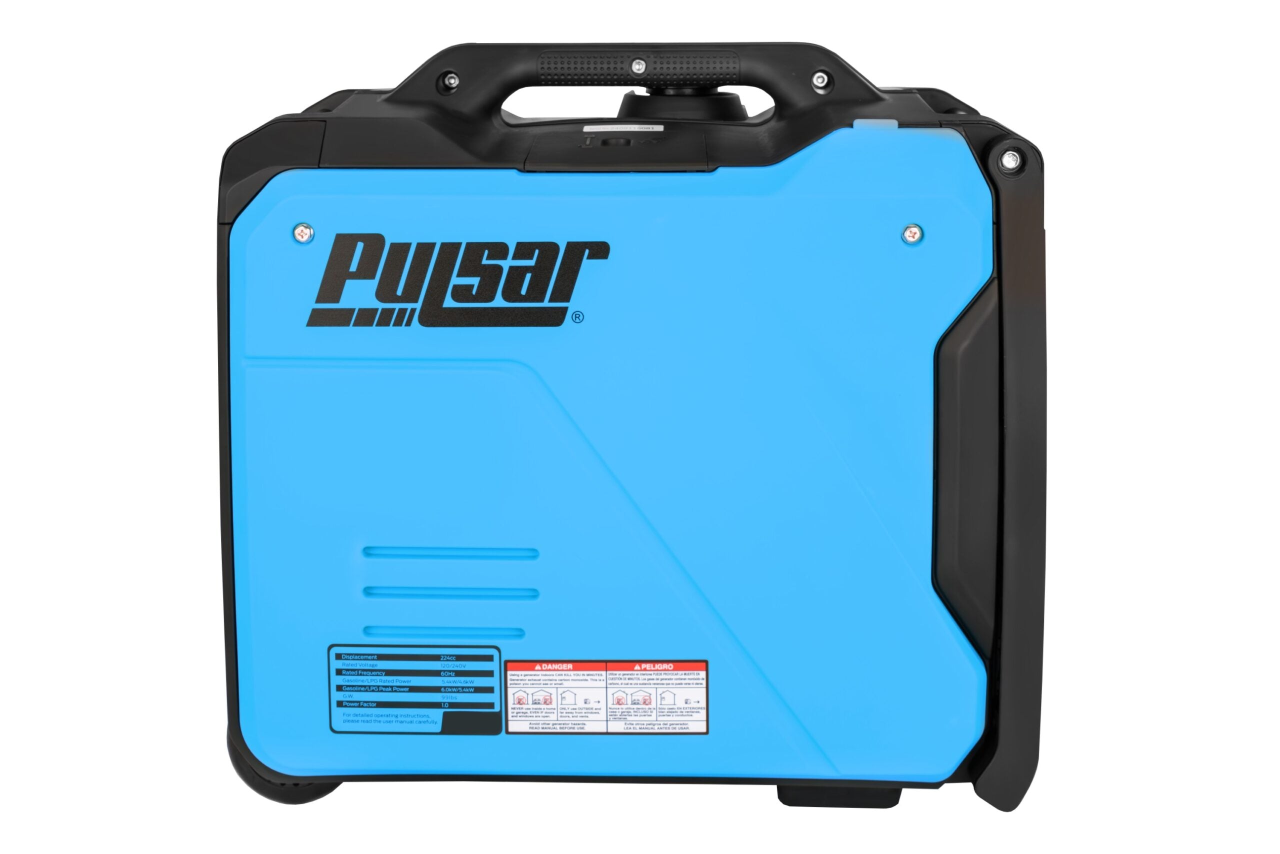 A blue rectangular Pulsar dual fuel inverter generator with a black handle and accents is shown from the side, displaying branding and safety labels—ideal for reliable backup power.