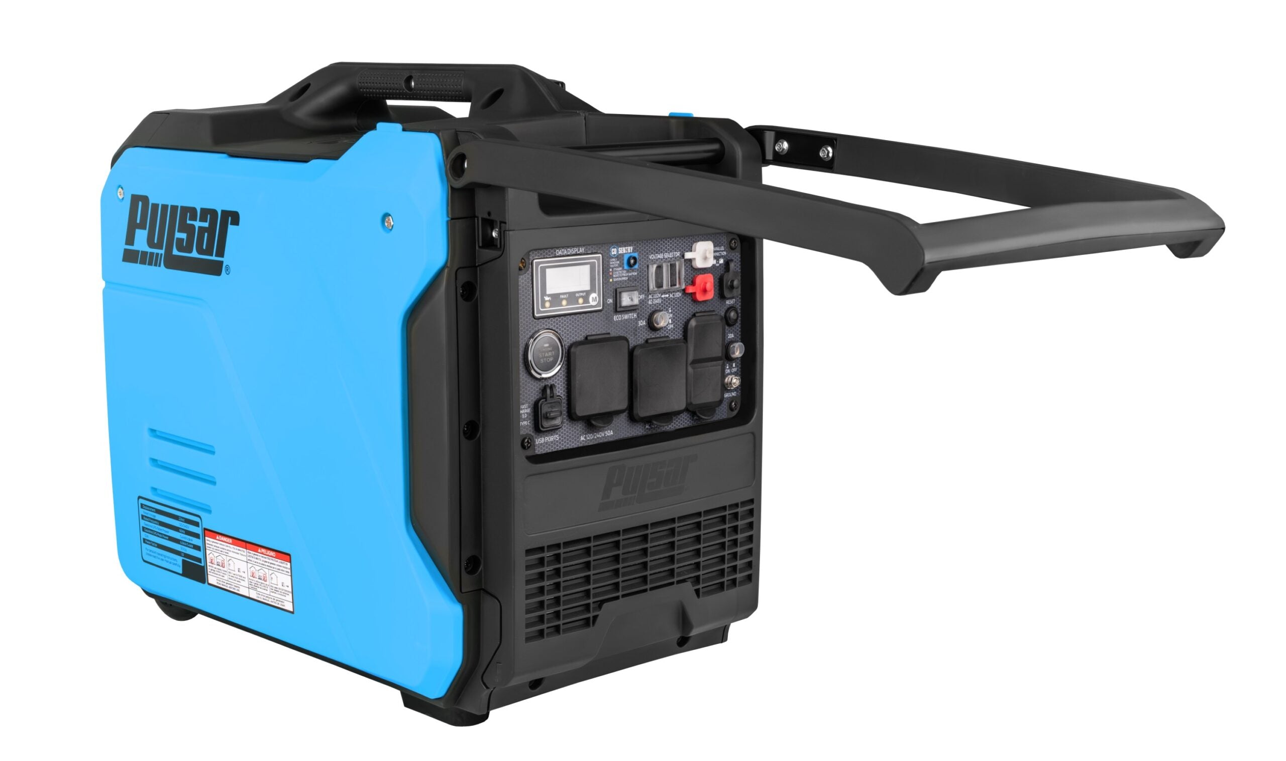 A blue and black Pulsar dual fuel inverter generator with an extended handle, control panel, and visible "Pulsar" branding—perfect for portable backup power.