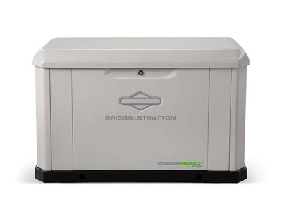 A Briggs & Stratton white air-cooled standby generator is depicted on a simple white background. This unit has a compact, rectangular design, prominently displaying the brand logo and model number on its front panel, providing an effective backup power solution for your home.