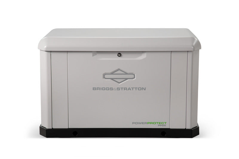 A Briggs & Stratton white air-cooled standby generator is depicted on a simple white background. This unit has a compact, rectangular design, prominently displaying the brand logo and model number on its front panel, providing an effective backup power solution for your home.