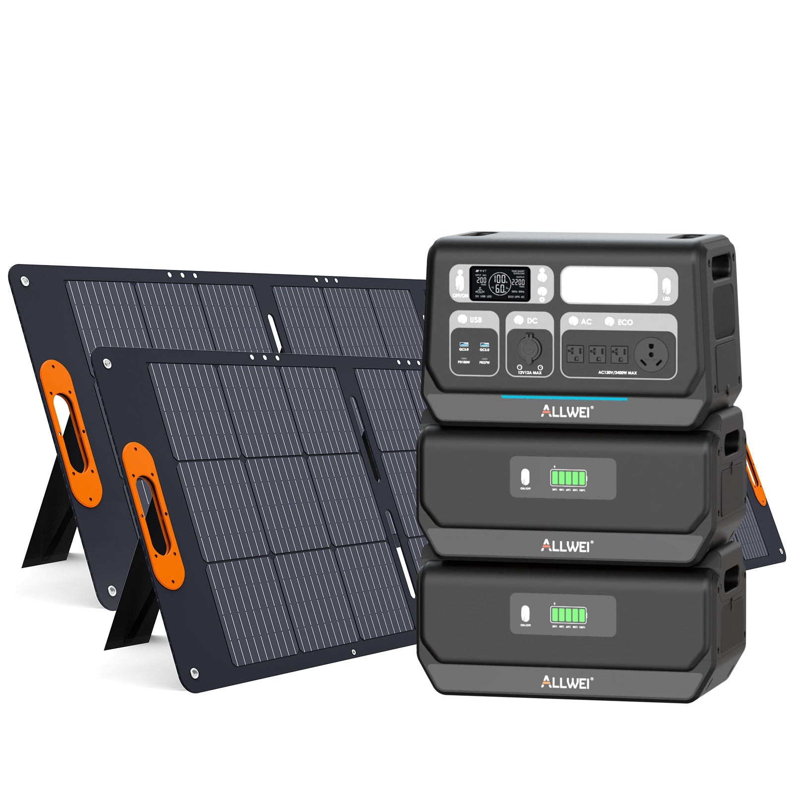 The ALLWEI US portable solar power system includes two foldable panels and three stacked black PPS2400 LiFePO4 power stations, each with digital displays and multiple ports—fully solar compatible.