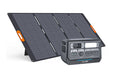 A portable solar panel with orange handles stands behind a compact, gray ALLWEI US power station, which displays multiple input and output ports and the brand name "ALLWEI" on the front.
