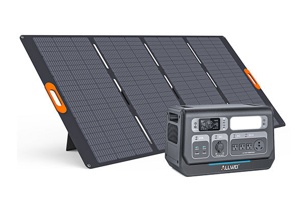 A portable solar panel with orange handles stands behind a compact, gray ALLWEI US power station, which displays multiple input and output ports and the brand name "ALLWEI" on the front.