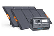 An ALLWEI US portable power station with a reliable LiFePO4 battery is shown next to foldable solar panels featuring orange handles, arranged in an upright row.