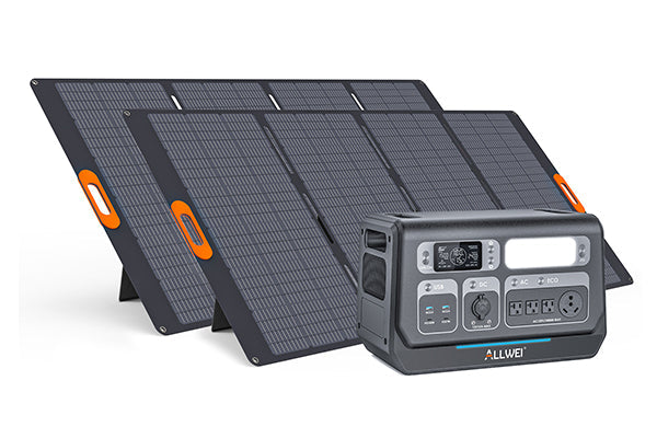 An ALLWEI US portable power station with a reliable LiFePO4 battery is shown next to foldable solar panels featuring orange handles, arranged in an upright row.