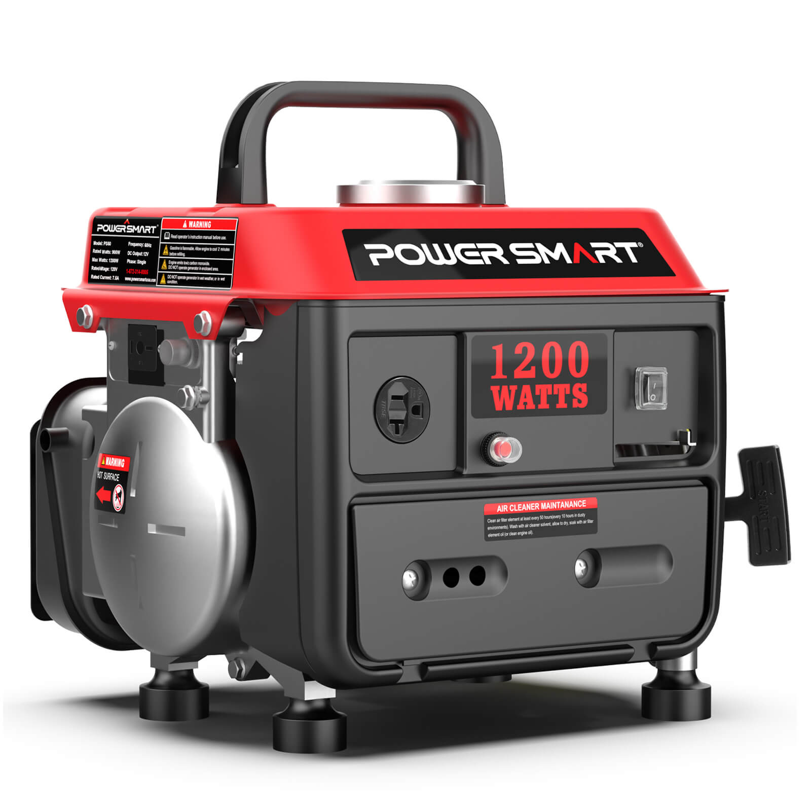 The PowerSmart portable generator features a red and black design, "1200 watts" label, top handle, control panel with outlets, and visible fuel tank cap—perfect for camping power needs.