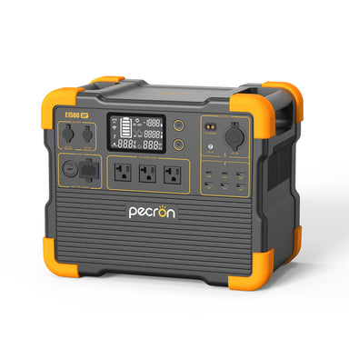 The E1500LFP Portable Power Station from Pecron offers three AC outlets, a digital display, multiple USB ports, and a DC input. Its rapid charging capabilities are complemented by a stylish gray design with orange accents.